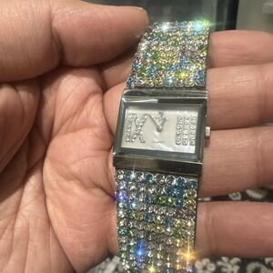 Working Croton Multicolor Rhinestone square Dainty Ladies Watch 30mm Fit 6" Rare